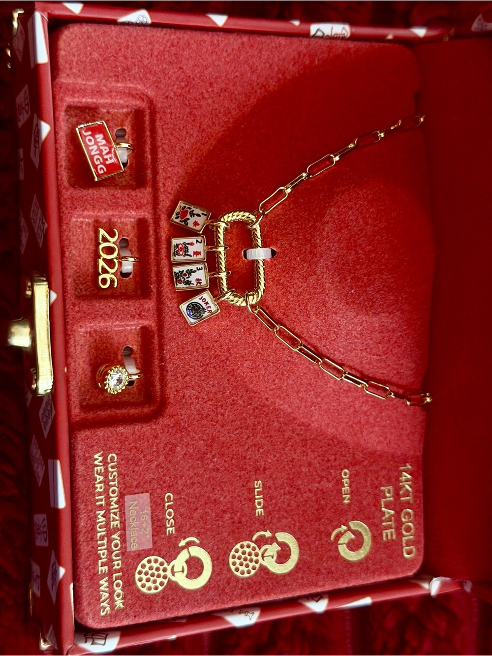 Gold Mahjong Tile Charm Necklace with Red and White Enamel Accents - Picture 4 of 5